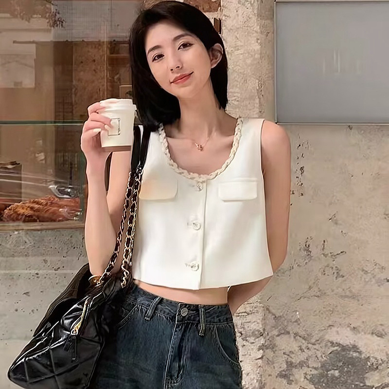 SuySuy พร้อมส่ง เสื้อกั๊ก ผ้าทวิต แต่งคอด้ายเปีย แต่งกระเป๋า สีพื้น แฟชั่นฤดูร้อน ไตล์เกาหลี