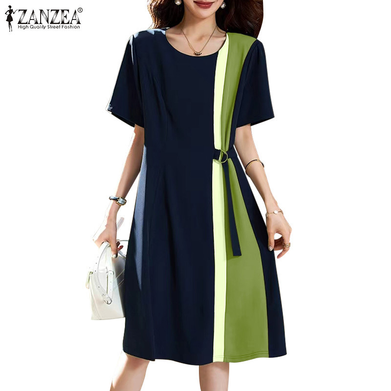 ZANZEA ซานเซีย ผู้หญิงเกาหลีลําลองคอกลมแขนสั้นเย็บปะติดปะต่อกันชุดฤดูร้อน