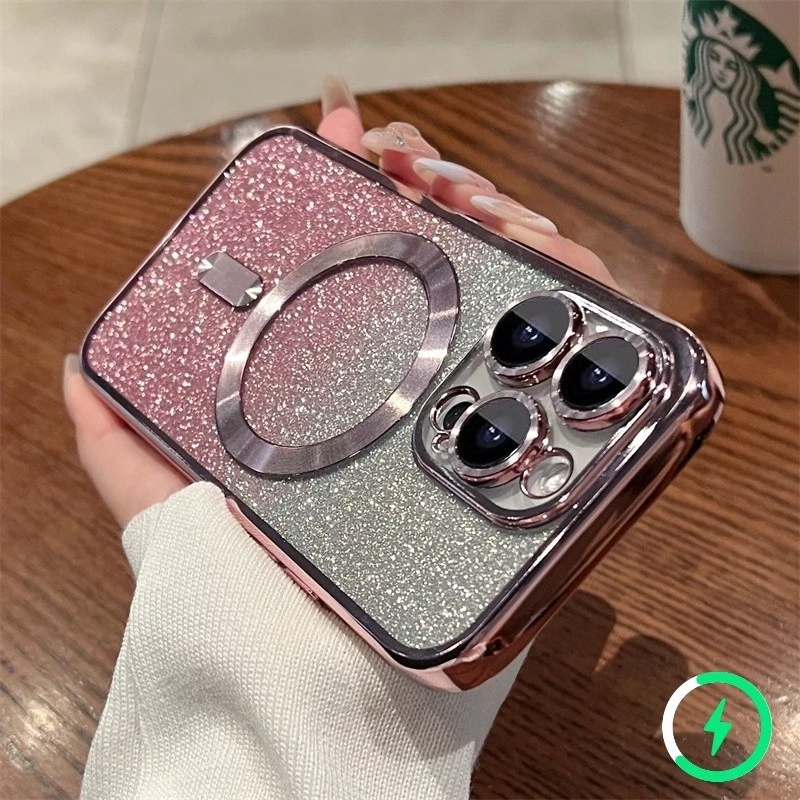 สําหรับ iPhone 11 12 13 14 Pro 15 Max Plus Deluxe Glitter Magnetic Clear กันกระแทก TPU Soft Case