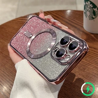สําหรับ iPhone 11 12 13 14 Pro 15 Max Plus Deluxe Glitter Magnetic Clear กันกระแทก TPU Soft Case