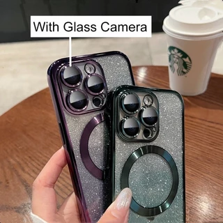 สําหรับ iPhone 11 12 13 14 Pro 15 Max Plus Deluxe Glitter Magnetic Clear กันกระแทก TPU Soft Case