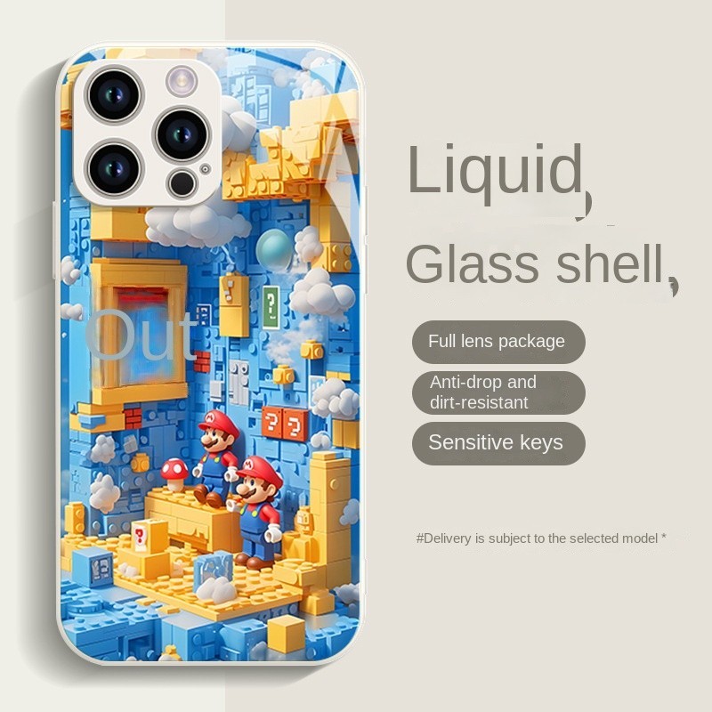 เคสโทรศัพท์การ์ตูน Blue Mario building blocks Anti Fall Protector ฝาครอบกระจกนิรภัยสําหรับ iPhone 15Pro 15 14 8 7 Plus 13 12 Mini 11 16ProMax X XR XS Max 15Plus 14Plus