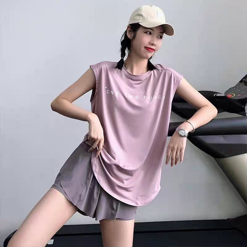 ผ้าไหมน้ําแข็งกีฬาเสื้อยืดผู้หญิงขนาดบวก150กิโลกรัมหลวมออกกําลังกายเสื้อกั๊กวิ่งเสื้อแขนกุดกีฬาด้านบนชุดโยคะ 6.21