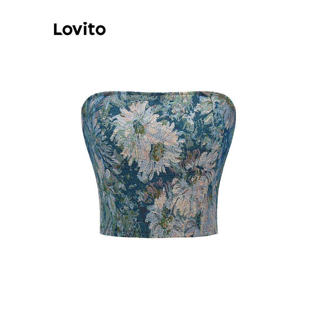 Lovito เสื้อเกาะอก ลายดอกไม้ แต่งซิป สไตล์ลำลอง สำหรับผู้หญิง L59ED019 (สีฟ้า)