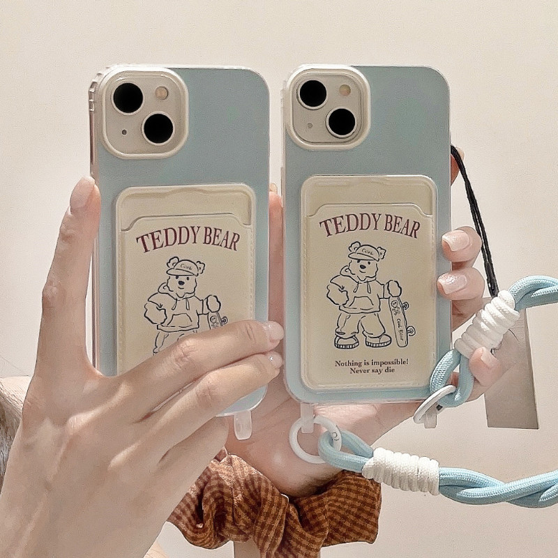ใช้งานร่วมกับสําหรับiphone 15 14 13 12 11 Pro MAX X XR XS MAX 7 8 Plus SE 2020 INSน่ารักการ์ตูนสายตุ๊กตาหมีผู้ถือบัตรแทรกการ์ดแขวนเชือกเคสโทรศัพท์ปกอ่อน