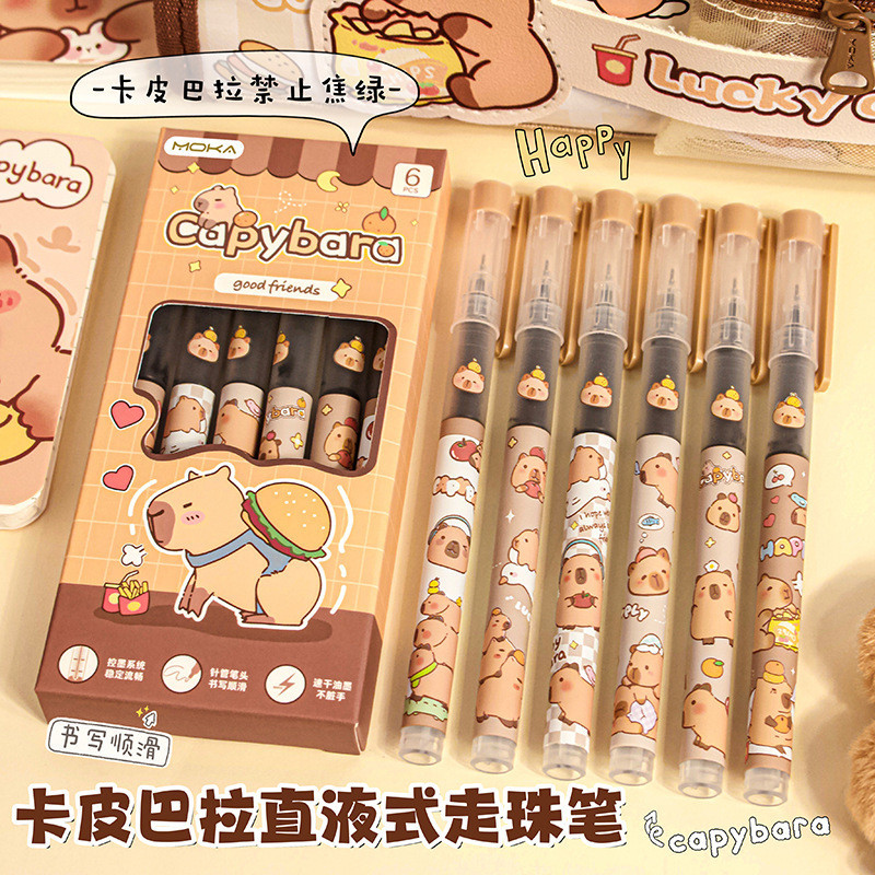 น่ารัก คาปิ ตรงปากกาเจลเหลวนักเรียนเขียนปากกาลายเซ็นสีดํา 6 ชิ้น แพ็คปากกา ปากกาน่ารักๆ ปากกา labubu ปากกาถูกๆ