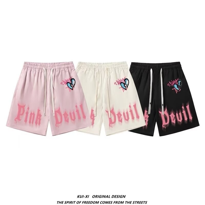 M-5xl ยุโรปและอเมริกา Hip-hop สีชมพูจดหมายพิมพ์กีฬากางเกงขาสั้นแฟชั่นป้าย Street หลวมคู่กางเกงขาสั้นลําลองสําหรับผู้ชายและผู้หญิง