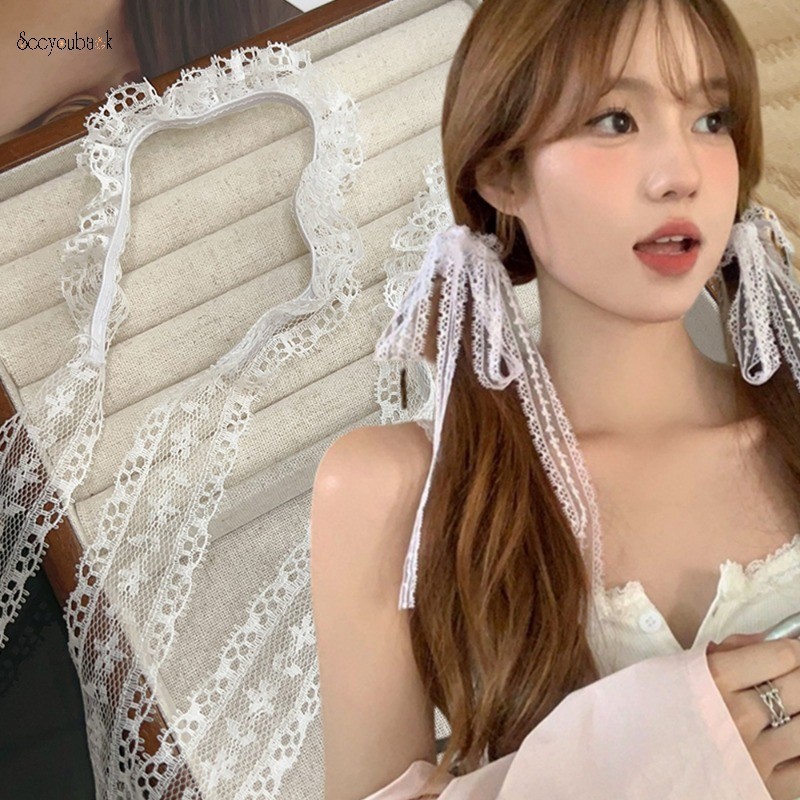 Lolita ลูกไม้หวานดอกไม้ยาวริบบิ้นหางม้า Tie แฟชั่น Twist Braid ผูกแถบคาดศีรษะเชือกผู้หญิง Headwear อุปกรณ์เสริมผม