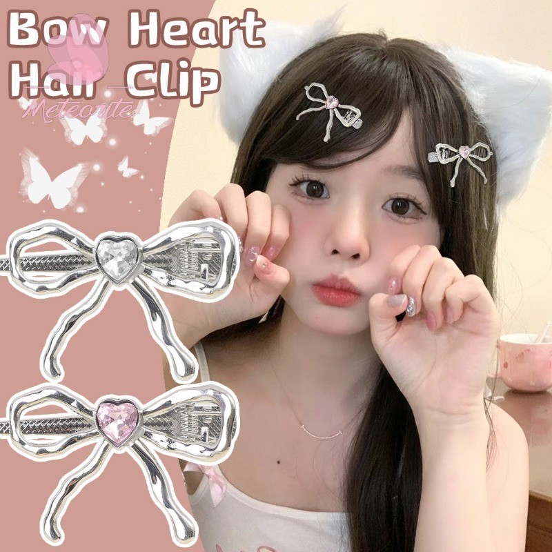 Y2k Rhinestone สีชมพูโบว์หัวใจ Hairpins - ผู้หญิงเกาหลีแฟชั่น Kpop กิ๊บติดผม - สาวหวานคว้าคลิปอุปกรณ์เสริมผม