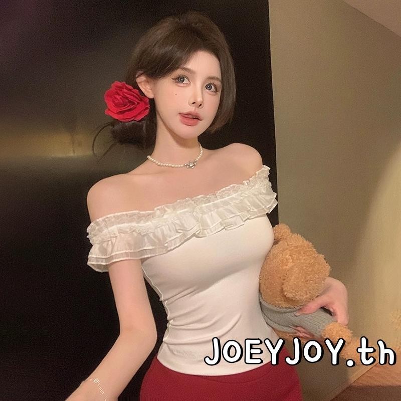 Joeyjoy-เสื้อเปิดไหล่สําหรับผู้หญิงฤดูร้อนสีทึบลูกไม้เสื้อยืดแขนสั้นเร้าใจ