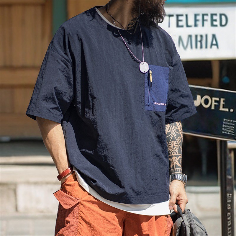 Mountain Series เสื้อยืดแขนสั้นเย็บกระเป๋าบางกลางแจ้งไหล่หล่นไนลอนระบายอากาศครึ่ง @