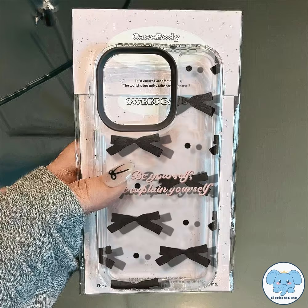 แฟชั่นประดับโบว์สีดำสีฟ้ารักเคสหัวใจ IPhone 11 15 13 12 14 Pro Max 7Plus 7 8 14 15 Plus X XR XS Max SE ปกอ่อน
