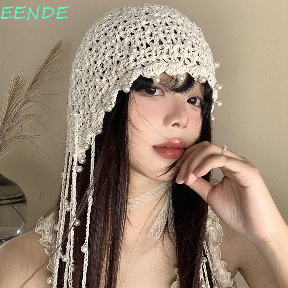 Eende Hollow Pearl Tassels หมวกถัก,โครเชต์ดอกไม้ Beanies หมวกถัก,น่ารัก Hollow Out Handmade เกาหลีสไตล์ชาติพันธุ์หมวกเครื่องแต่งกายอุปกรณ์เสริม