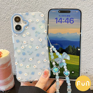 Ins ดอกไม้ดอกไม้ IMD Mobile Case ใช้งานร่วมกับ iPhone 16 15 14 13 Pro Max 16Pro พร้อม Bowknot Chain Big Hole Shock ทนปกหลัง