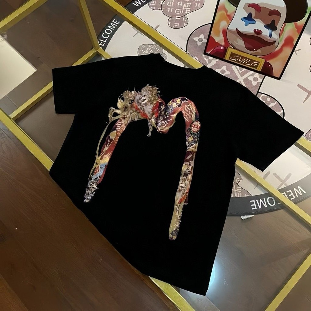 Evs ใหม่อินเทรนด์ผู้ชาย Beast White Ze การ์ตูนขนาดใหญ่ M พิมพ์สบายๆหลวมรอบคอแขนสั้นเสื้อยืด