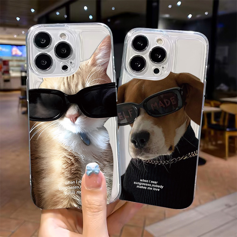 🔥COD🔥Couple Case For iPhone 11 12 13 PRO 7 8 14 15 16 PLUS X XR XS MAX เจ๋ง สุนัขและแมว โปร่งใส กรณีโทรศัพท์มือถือ