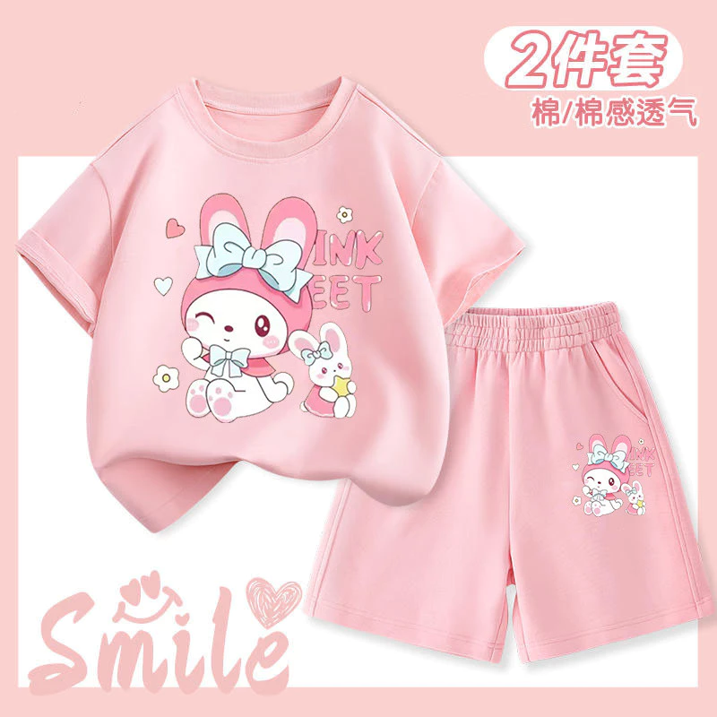 ชุดเด็กผู้หญิง My Melody แขนสั้นสองชิ้นที่มีสไตล์ ชุดใหม่ฤดูร้อนน่ารัก