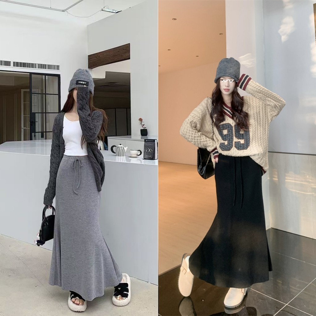Bella Shop 🌻กระโปรงทรงหางปลา กระโปรงทรงหางปลา สไตล์เกาหลี สีพื้น เรียบง่าย สบายๆ