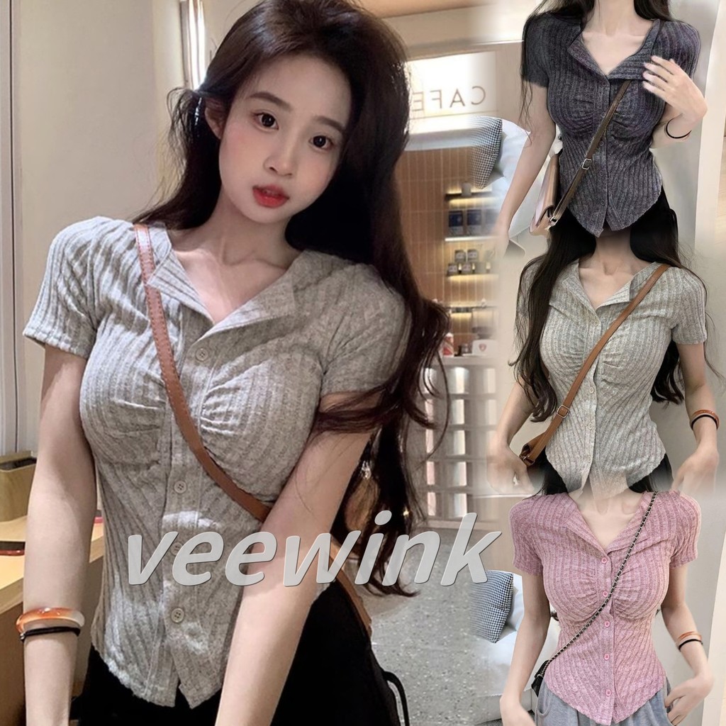 Veewink🔥พร้อมส่งจากกทม เสื้อยืดแขนสั้นสเวตเตอร์ถักผู้หญิงเสื้อไหมพรมผู้หญิง！ ผ้าดี ทรงหลวม สไตส์เกาหลี🖤