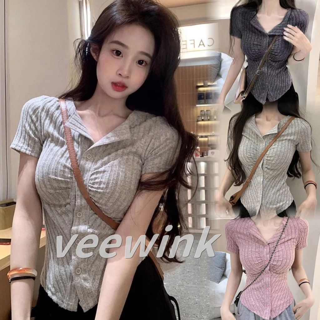 Veewink🔥พร้อมส่งจากกทม เสื้อยืดแขนสั้นสเวตเตอร์ถักผู้หญิงเสื้อไหมพรมผู้หญิง! ผ้าดี ทรงหลวม สไตส์เกาหลี🖤