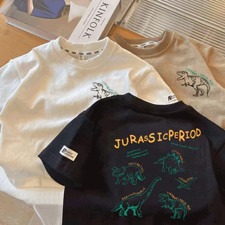 【จัดส่งภายใน24ชั่วโมง】เสื้อยืดเด็กผู้ชาย ผ้าฝ้าย100% พิมพ์ลายไดโนเสาร์ หลวมสบาย 3สี มีขนาด90-150 เหมาะเด็กน้ำหนัก10-37kg