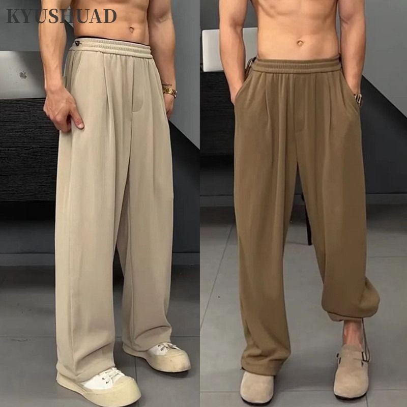 KYUSHUAD กางเกงขายาวทรงตรงลําลองสําหรับฤดูร้อนของผู้ชายพร้อมกระเป๋าและเข็มขัดเชือก