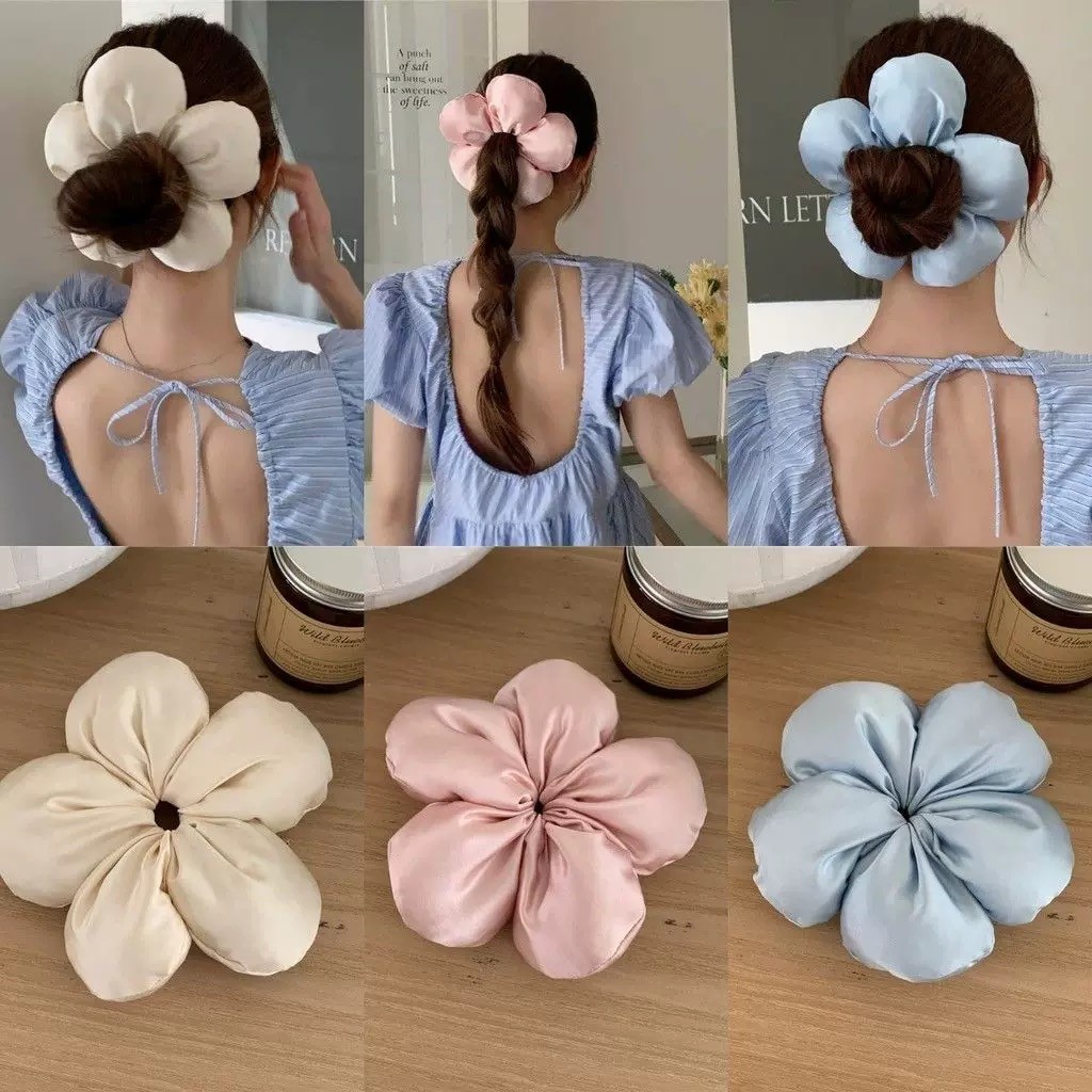 ยางมัดผมซาตินหนานุ่ม ลายดอกไม้ปักนูน กระชับเส้นผมไม่ล็อค
