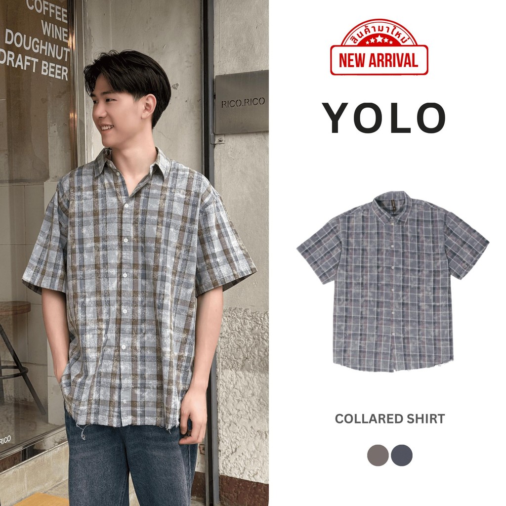 YOLO เสื้อเชิ้ต OVERSIZE เสื้อเชิ้ต เชิ้ตแขนสั้น ลายสก็อต แขนสั้น สีดำ 3959