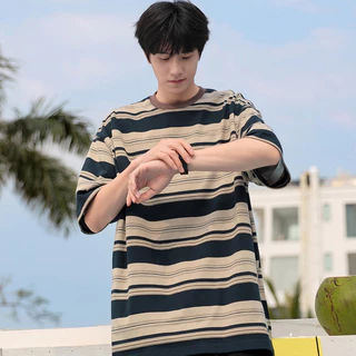 M&M แขนสั้นลายทาง วินเทจ เสื้อผ้าผู้ชาย ผ้าดีใส่สบาย สไตล์เกาหลี เสื้อผ้าแฟชั่น ใส่ได้ทั้งชายหญิง