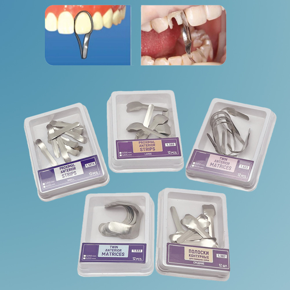12 ชิ้น/กล่องทันตกรรม Matrix Bands Twin Anterior Matrices สแตนเลส Proximal Anterior Strips วัสดุฟื้นฟูทันตกรรม Twin Anterior Matrices เครื่องมือ