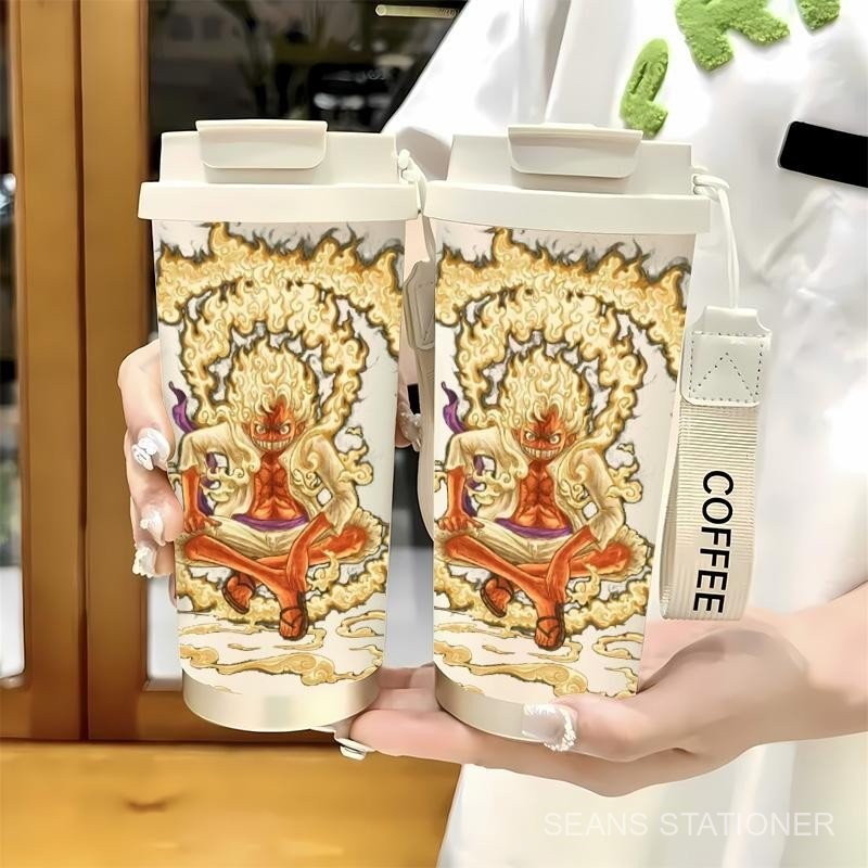 แก้วกาแฟดีไซน์เปลวไฟ One Piece ลูฟี่ ขวดน้ำเย็นหุ้มฉนวน ความจุขนาดใหญ่ 530ML กระติกน้ำร้อน สแตนเลส ท
