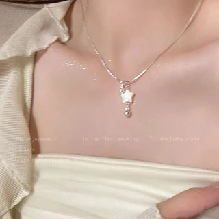 💝เครื่องประดับผู้หญิง💝สร้อยคอจี้เปลือกหอยมุกดาวห้าแฉก&หัวใจ สไตล์เกาหลีสีเงินโซ่ไหปลาร้าไม่ตกสี N196