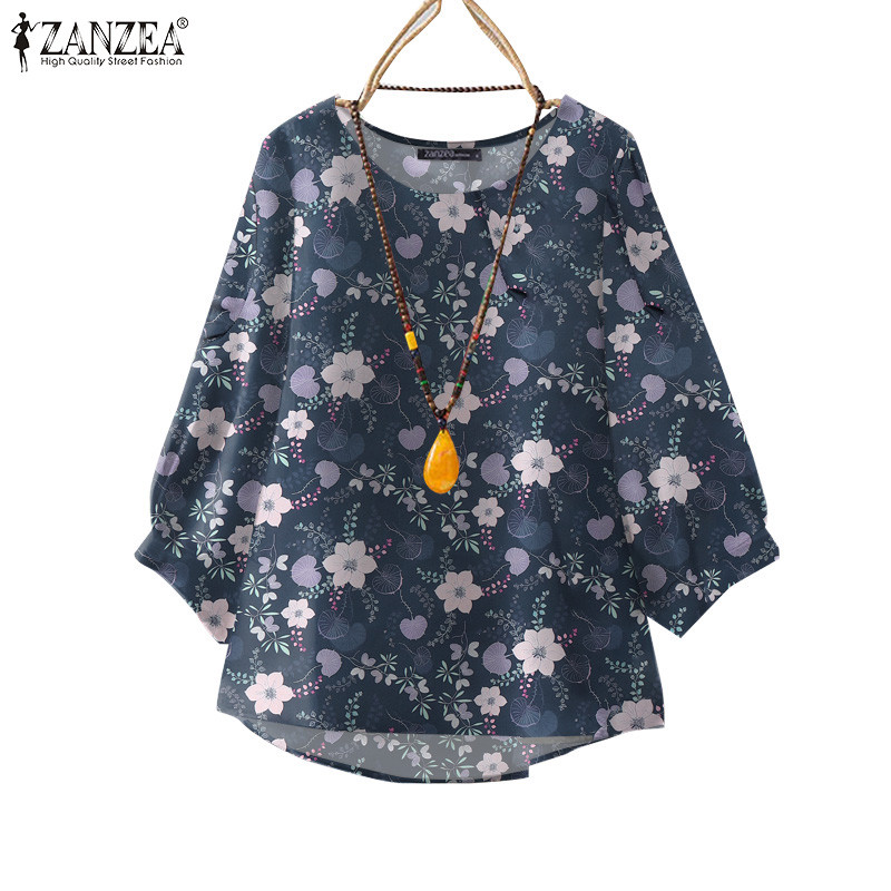 ZANZEA ใส่ ซานเซีย ผู้หญิงวินเทจวันหยุดสบายๆรอบคอหลวมพิมพ์เสื้อ