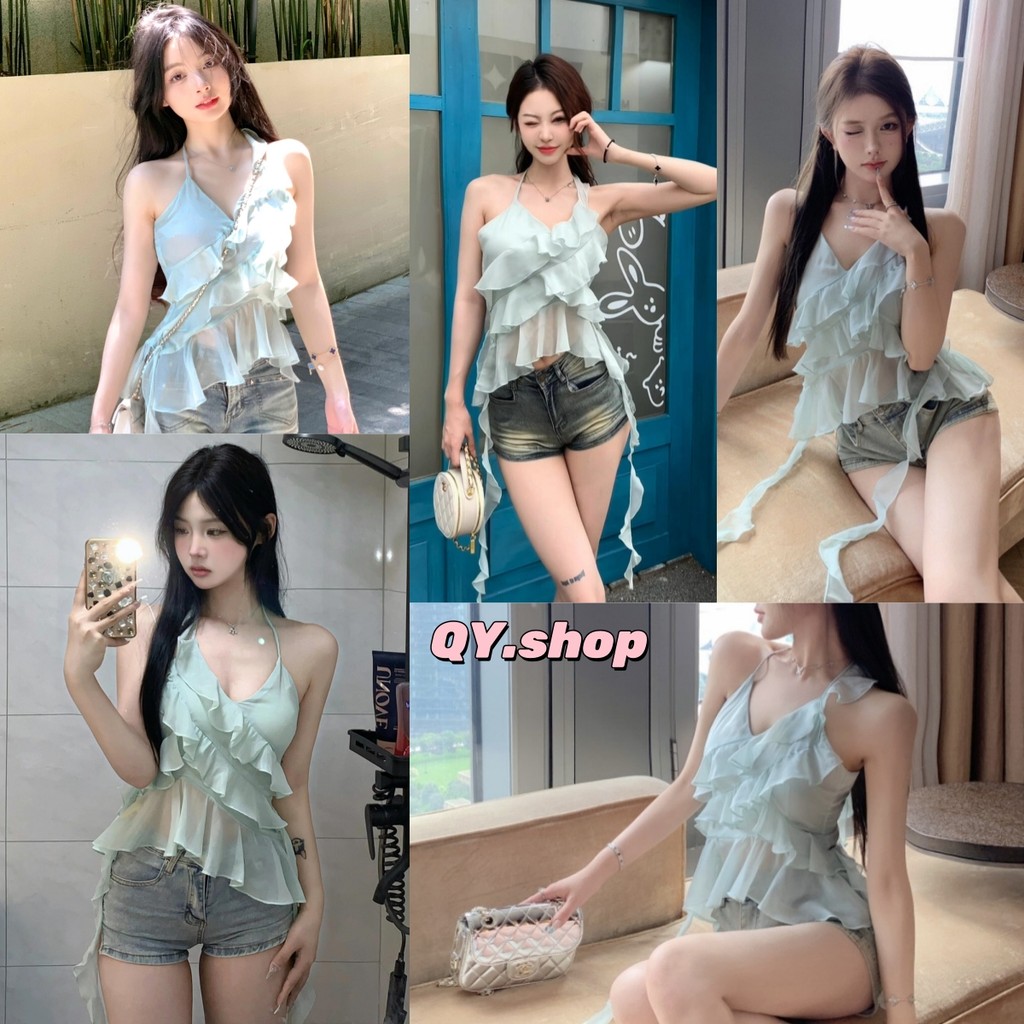QY.Shop⭐️สินค้าราคาพิเศษ⭐️เสื้อสายเดี่ยว ผ้านิ่มลื่นสีเขียวสไตล์เกาหลี ดีเทลปลายพริ้ว "FY3038"
