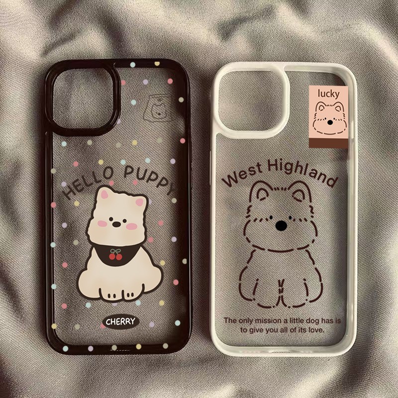 น่ารัก Spotted Cherry Puppy สําหรับ iPhone 16 15 14 13 12 11 Pro Max 16E XR X XS Max 7 8 Plus SE2 น่ารักการ์ตูนสุนัขกรอบคริสตัลกันกระแทก Clear Cover