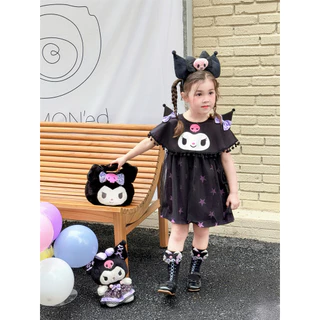 🧸 ส่งจากไทย🧸ชุดเด็กผู้หญิง Kuromi เดรสเจ้าหญิง 1-8ปี ผ้าฝ้ายแขนสั้น ลายการ์ตูน สไตล์เกาหลี สําหรับไปงานปาร์ตี้ Halloween แม่มด สีดํา