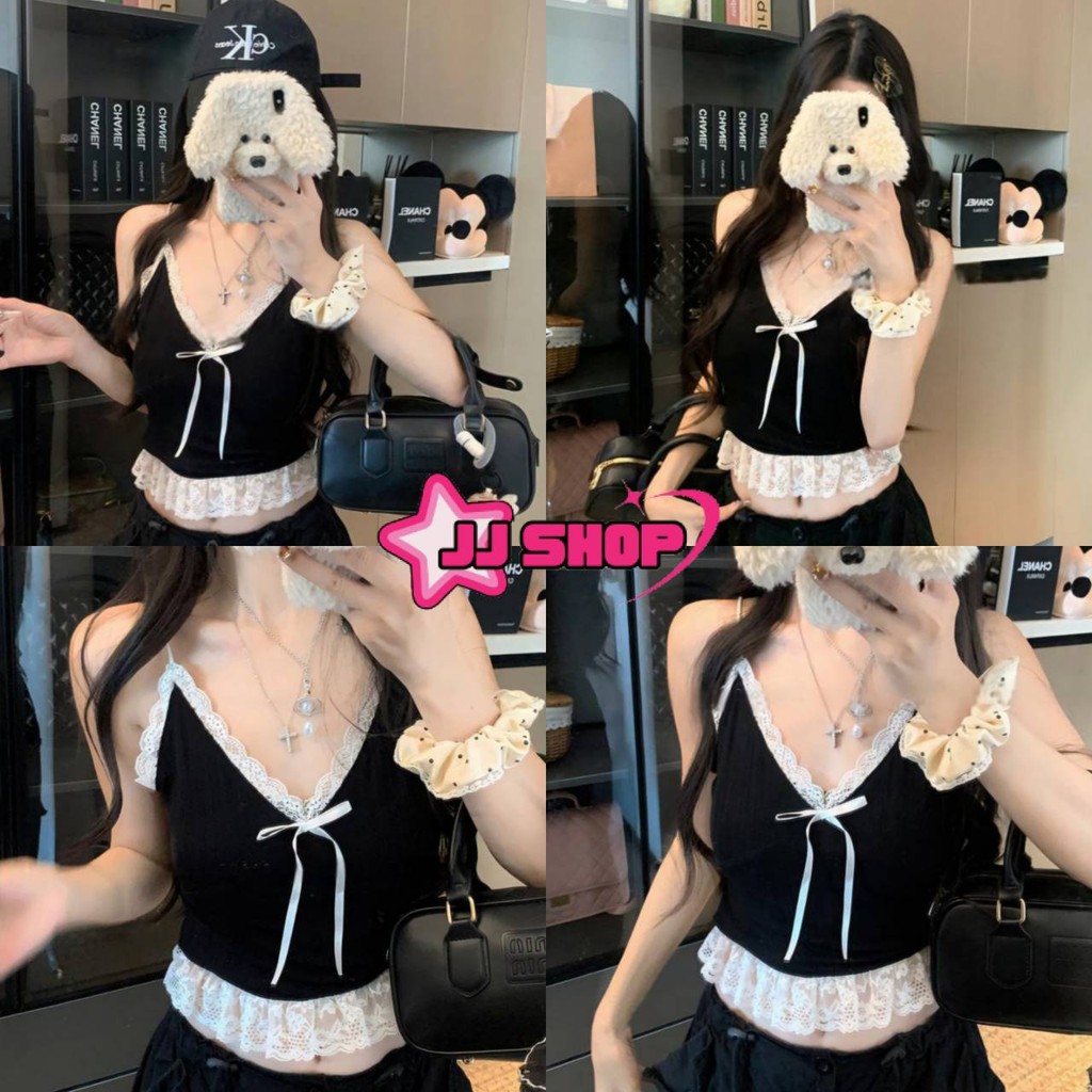 JJ Shop​💜​พร้อมส่ง เสื้อสายเดี่ยว ผ้าไหมพรมแต่งโบว์ มินิมอลสไตล์ ยืดพอดี "H487"