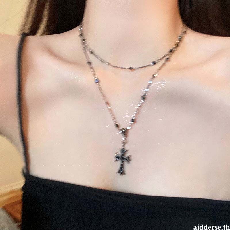 aidderse.thDark Cross Bead Necklace Women Trend Two-layered Neck Chain Niche Light Luxury Clavicle Chain-