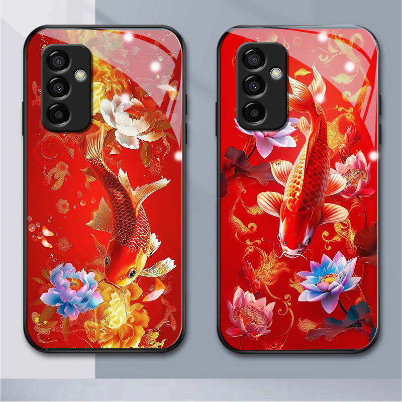เคสโทรศัพท์มือถือแบบแก้ว ลายดอกไม้ ปลาคาร์พ สําหรับ Samsung A345G A01 A02 M02 A03 A04 A11 M11 A135G 
