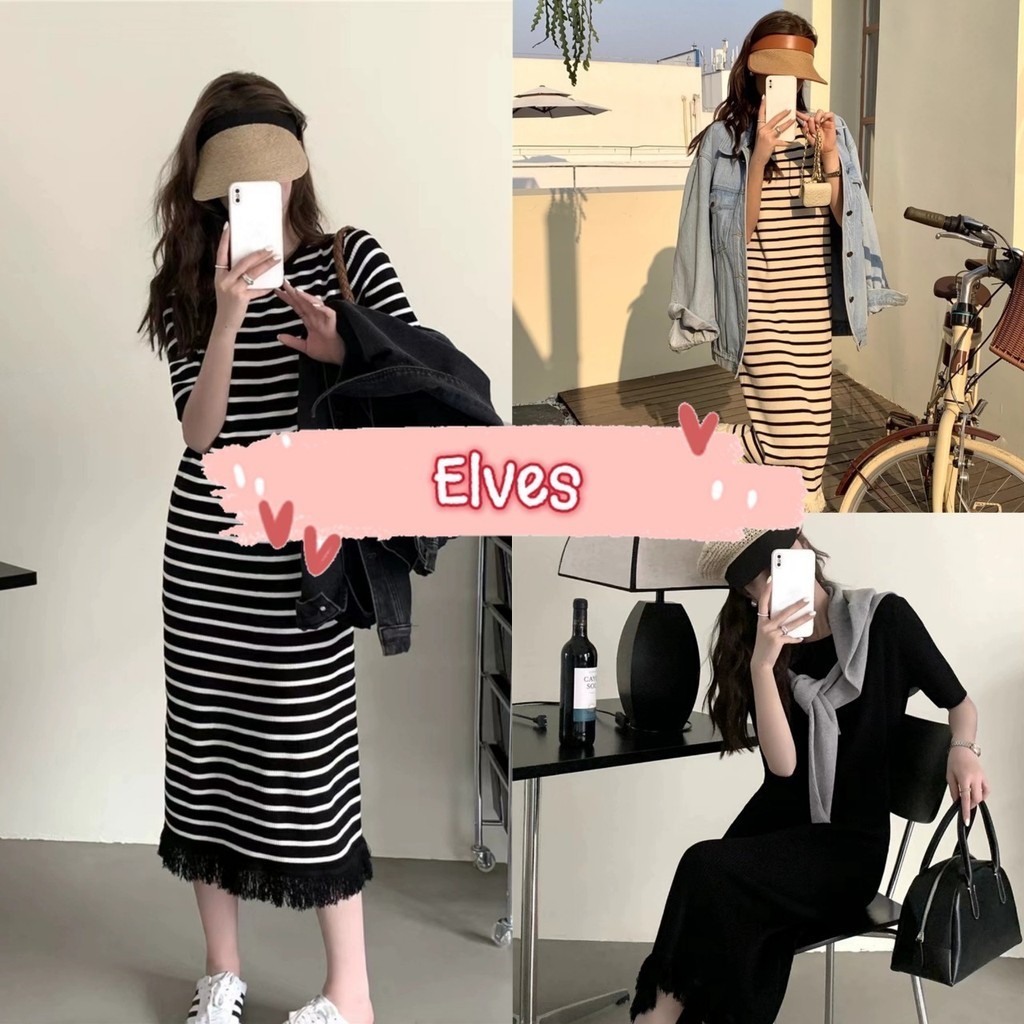 Elves พร้อมส่ง ชุดเดรสไหมพรม แขนสั้น คอกลม ปลายปล่อย ~12398~