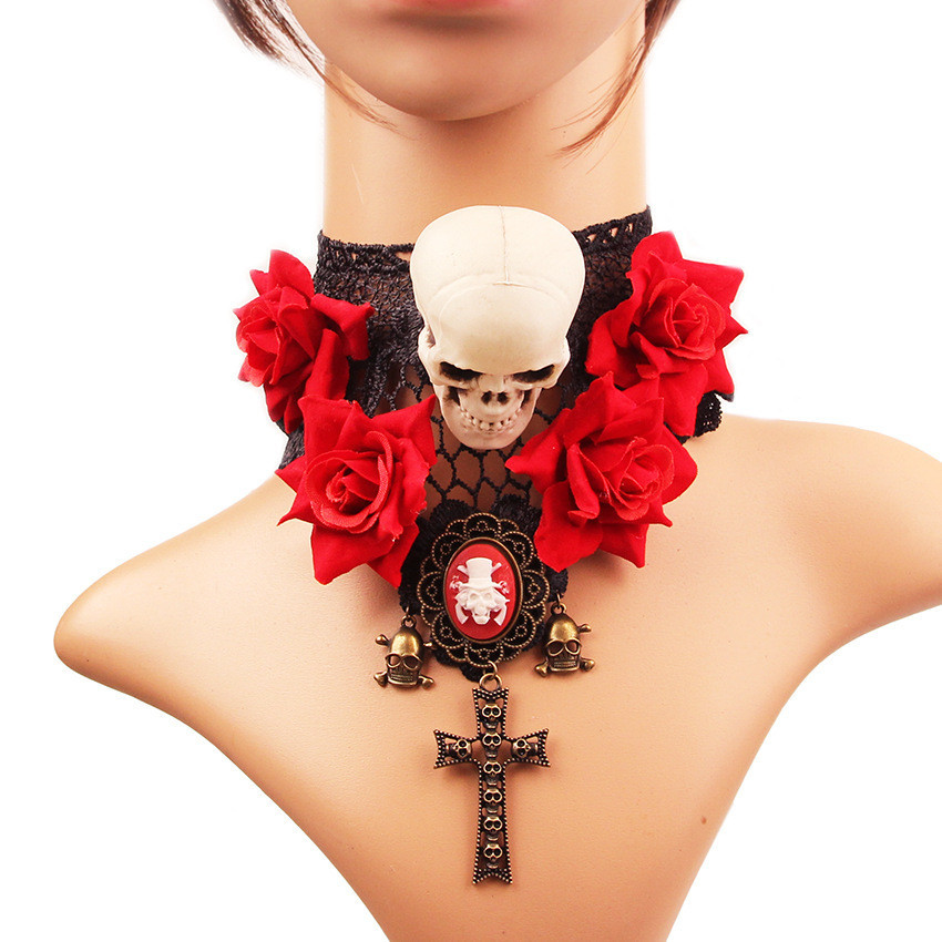 คอสเพลย์อุปกรณ์เสริมสร้อยคอลูกไม้retro Skull Roseดอกไม้Clavicle Chainปาร์ตี้ฮาโลวีน