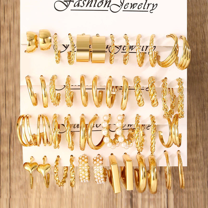 24 คู่ผู้หญิง Hoop ต่างหูชุด Vintage แฟชั่น Gold Plated Pearl โลหะต่างหูเครื่องประดับอุปกรณ์เสริมของขวัญ