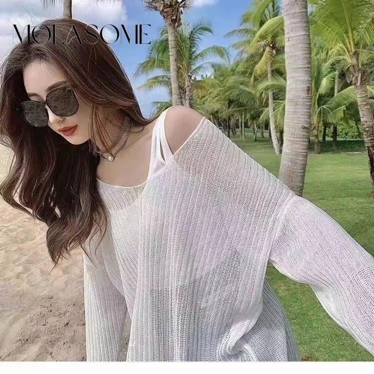 Molasome ผู ้ หญิง 2024 แฟชั ่ นใหม ่ สีทึบคอกลมแขนยาวสลิมฟิตถักเสื ้ อ
