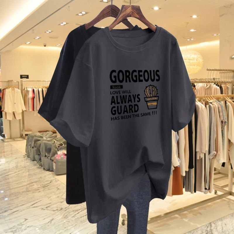 เสื้อยืด Oversize(40-150กก.) สไตล์เกาหลีพิมพ์ตัวอักษรพลัสขนาดผู้หญิงเสื้อยืดบางเสื้อแขนสั้น