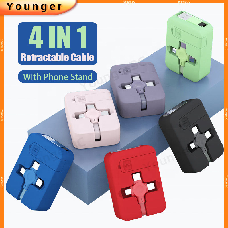4 In 1 Fast สายชาร์จพร้อมขาตั้งโทรศัพท์ Macaron สีแบบพับเก็บได้สายชาร์จ USB A Bracket Data Line สําหรับ ios Micro Type C