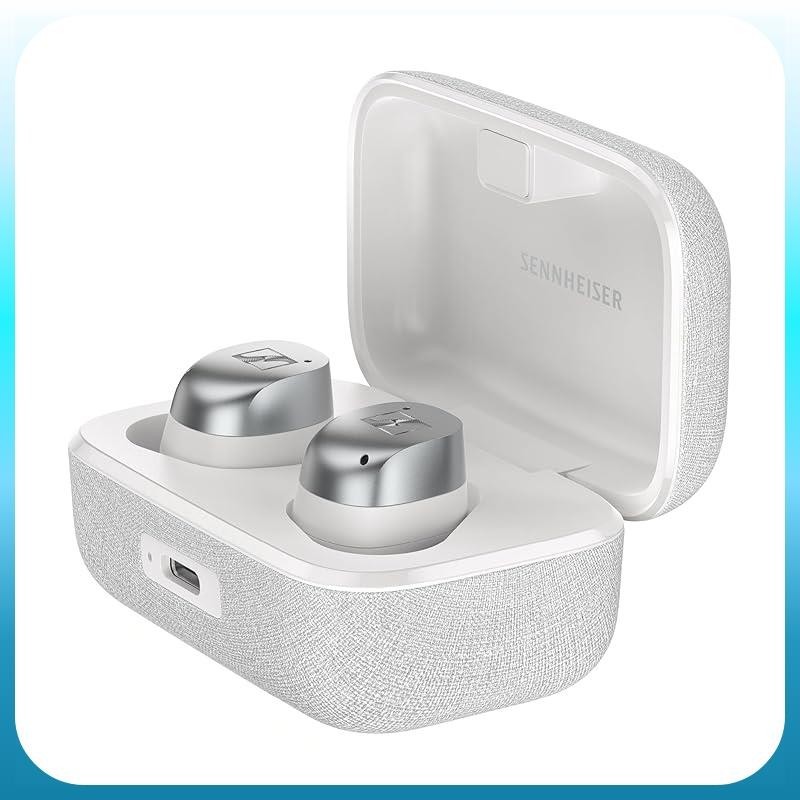 Sennheiser MOMENTUM True Wireless 4 White Silver wireless earphones feature high-performance drivers, 30 hours of playback, hybrid adaptive noise cancellation, ambient sound mode, and Bluetooth 5.4.