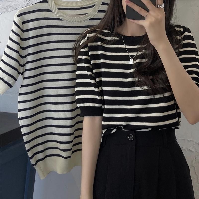 🌻Grace🌻 6739 เสื้อคอกลมลายทางขวาง เสื้อยืดไหมพรม แขนสั้น ทรงเกาหลี