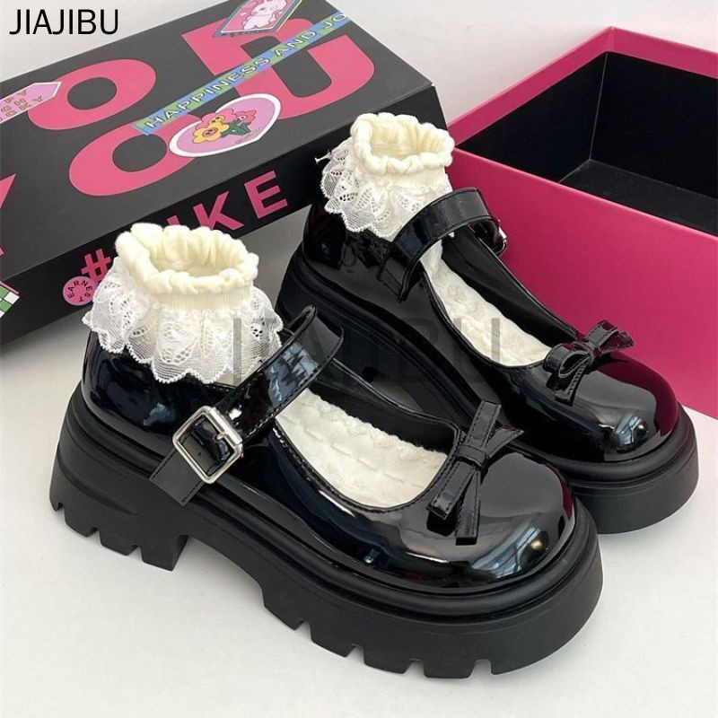 Korean Fashion Platform Mary Jane Shoes for Women Japanese Black Bow Lolita Shoes Non-slip Round Toe Doll Shoes French Thick Heel Small Leather Shoes Beige One-word Buckle Princess Shoes British Style JK Uniform Shoes Versatile School Shoes Cosplay Shoes