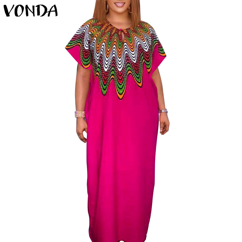 Vonda ผู ้ หญิงวินเทจลําลองคอกลมปิดไหล ่ แขนพิมพ ์ เดรส