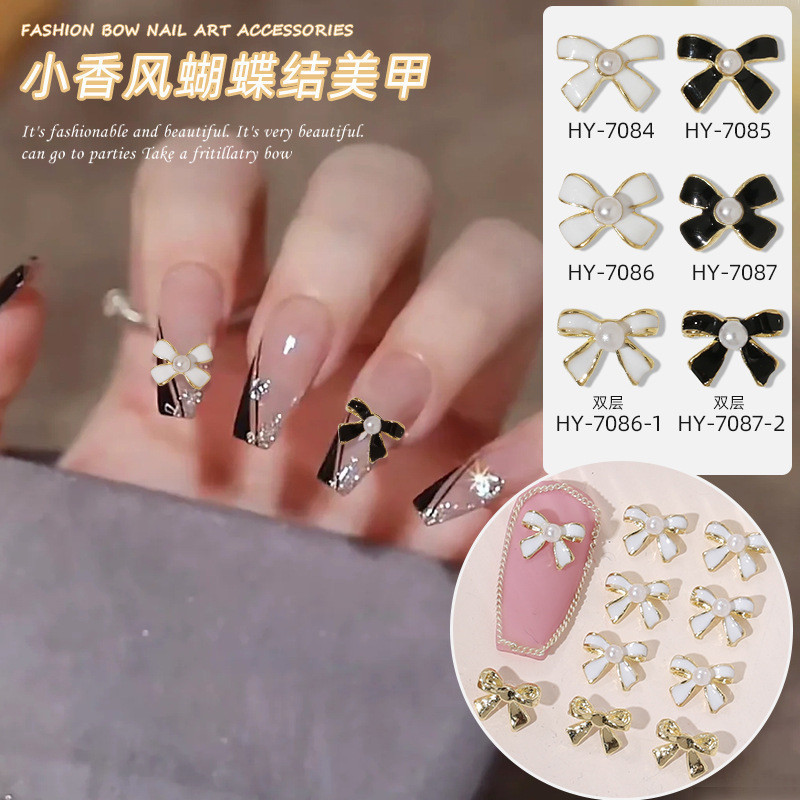 10 ชิ้น กลิ่นหอมขนาดเล็กเล็บเครื่องประดับโลหะผสมหยดมุกโบว์สีดําและสีขาวเรียบง่ายตกแต่งเล็บฝรั่งเศส
